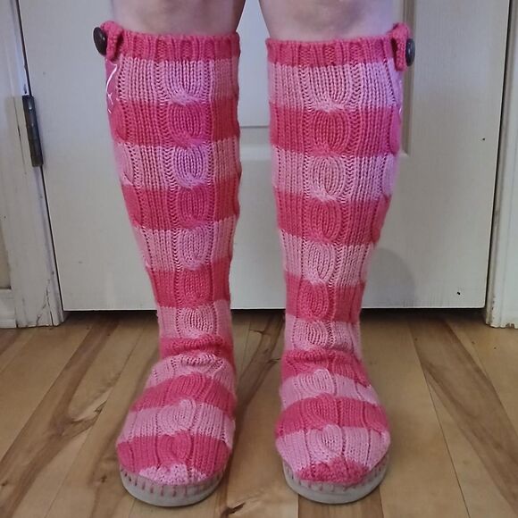 RARE Y2K VTG Victoria's Secret PINK Cable Knit Striped Knee-High Slippers M 7/8 - Picture 2 of 8